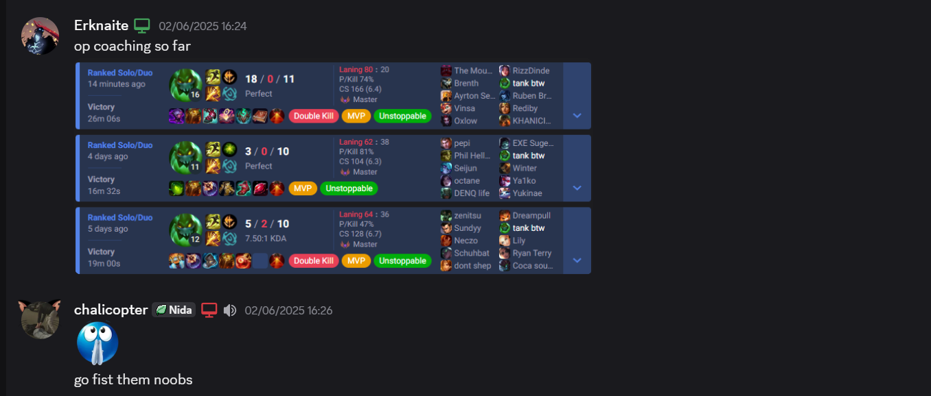 Match history at Master level with chat message 'op coaching so far'