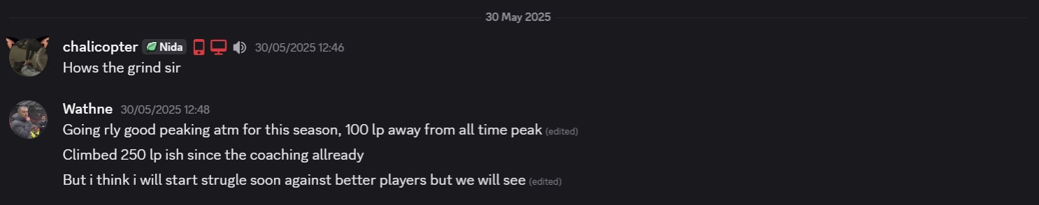 Discord message: 'Climbed 250 LP since the coaching already'