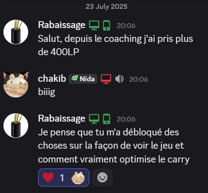 Discord message in French: 'plus de 400 LP depuis le coaching'