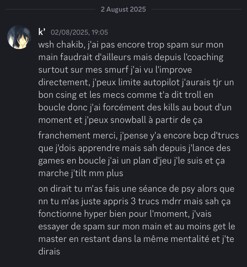 Discord message in French about having a game plan and no longer tilting