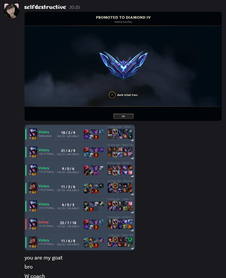 League client: 'PROMOTED TO DIAMOND' with win streak and message 'you are my goat bro'