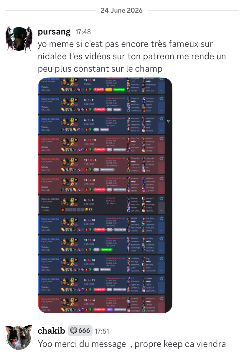 Discord message in French about Patreon Nidalee videos making the player more consistent